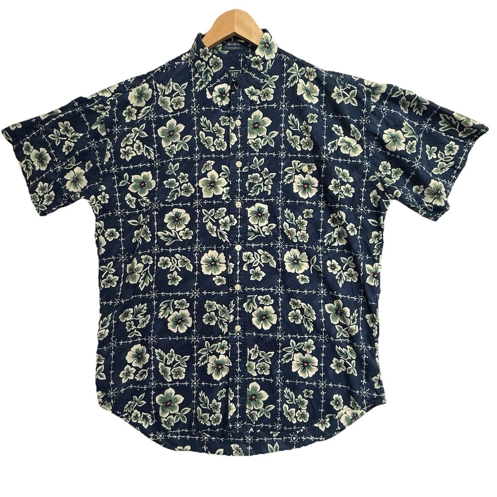 Vintage 90s Chaps Ralph Lauren Hawaiian Shirt Mens L Blue Floral Aloha Cotton